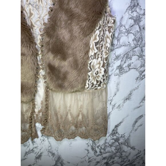 Anthropologie Faux Fur Vest SZ Large Brown Lace Boho Festival Hook Eye V Neck - Picture 5 of 12